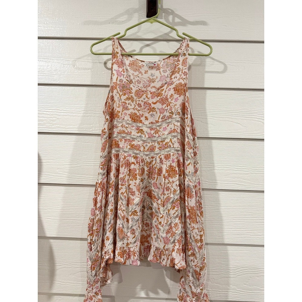 B- 041- Intimately Free People Floral Lace Inset Tunic Tank Top Pink Orange Sm